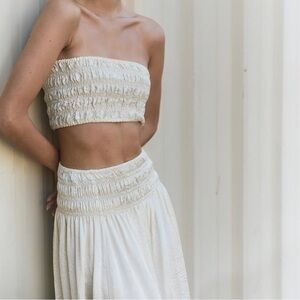 Brand new Enza Costa textured satin smocked skirt and top set in antique cream